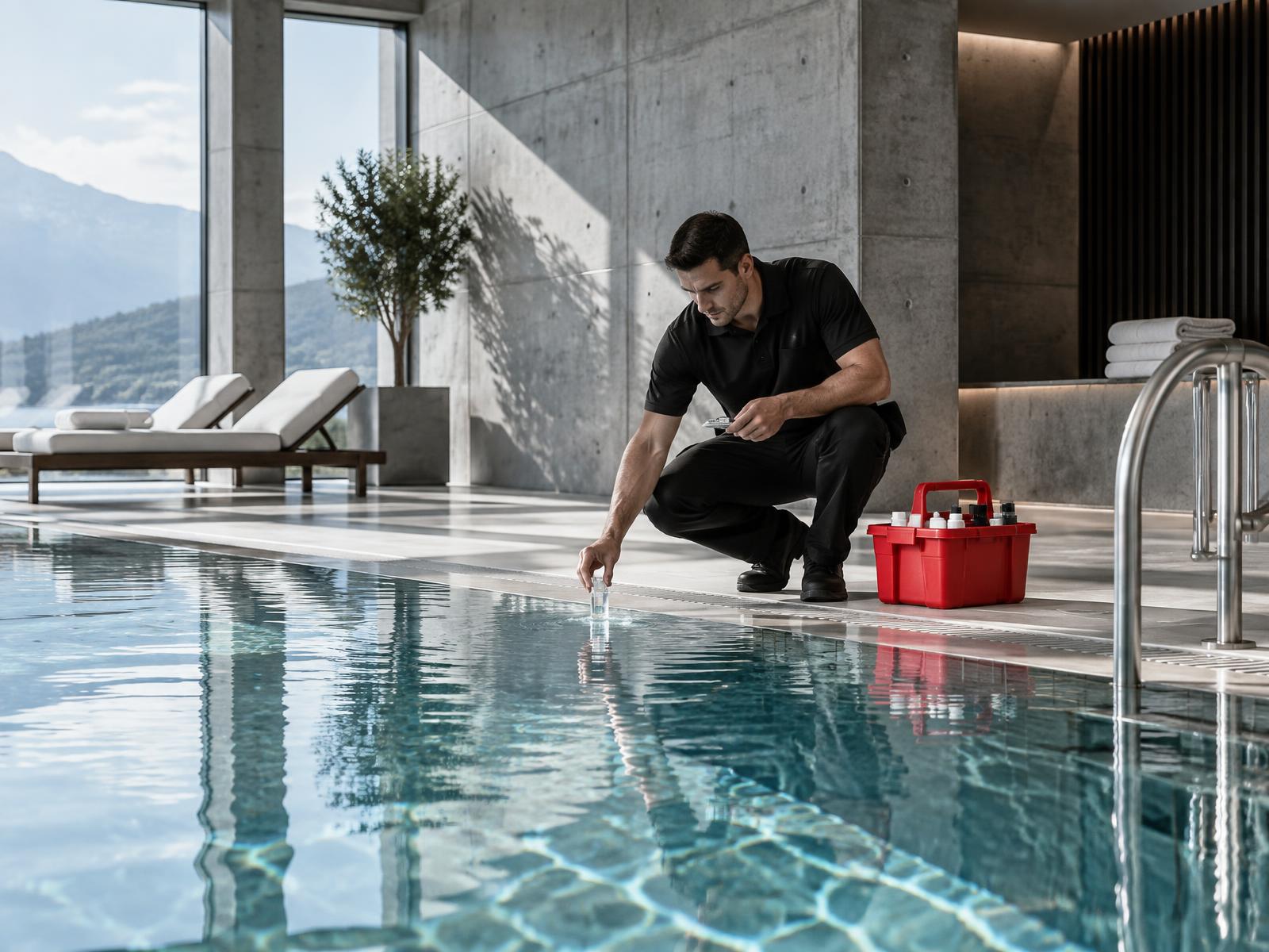 Specialist testing the water of a pristine indoor pool
