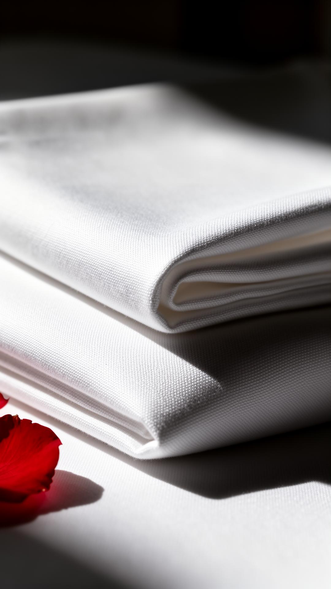 Crisp white luxury hotel linen with a single red petal — Leisure Serve signature turndown