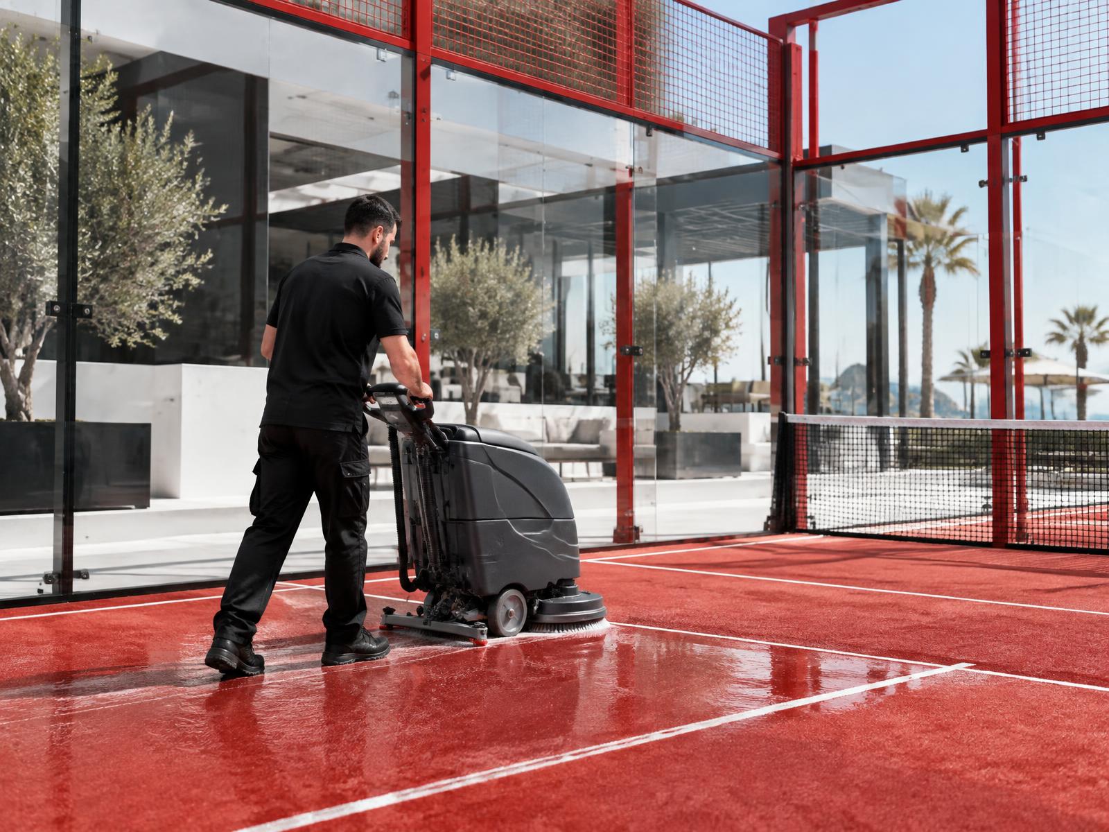 Specialist machine-cleaning a luxury padel court