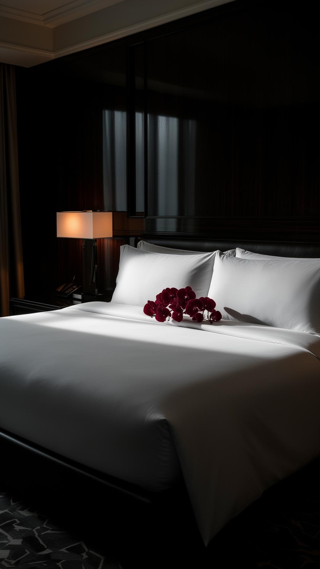 Short-term rental turndown — pristine bed with single dark orchid